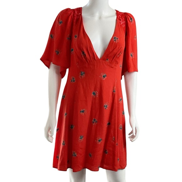 Free People 8 Mockingbird Coral Red Floral Print Backless Mini Viscose Dress - Picture 2 of 9